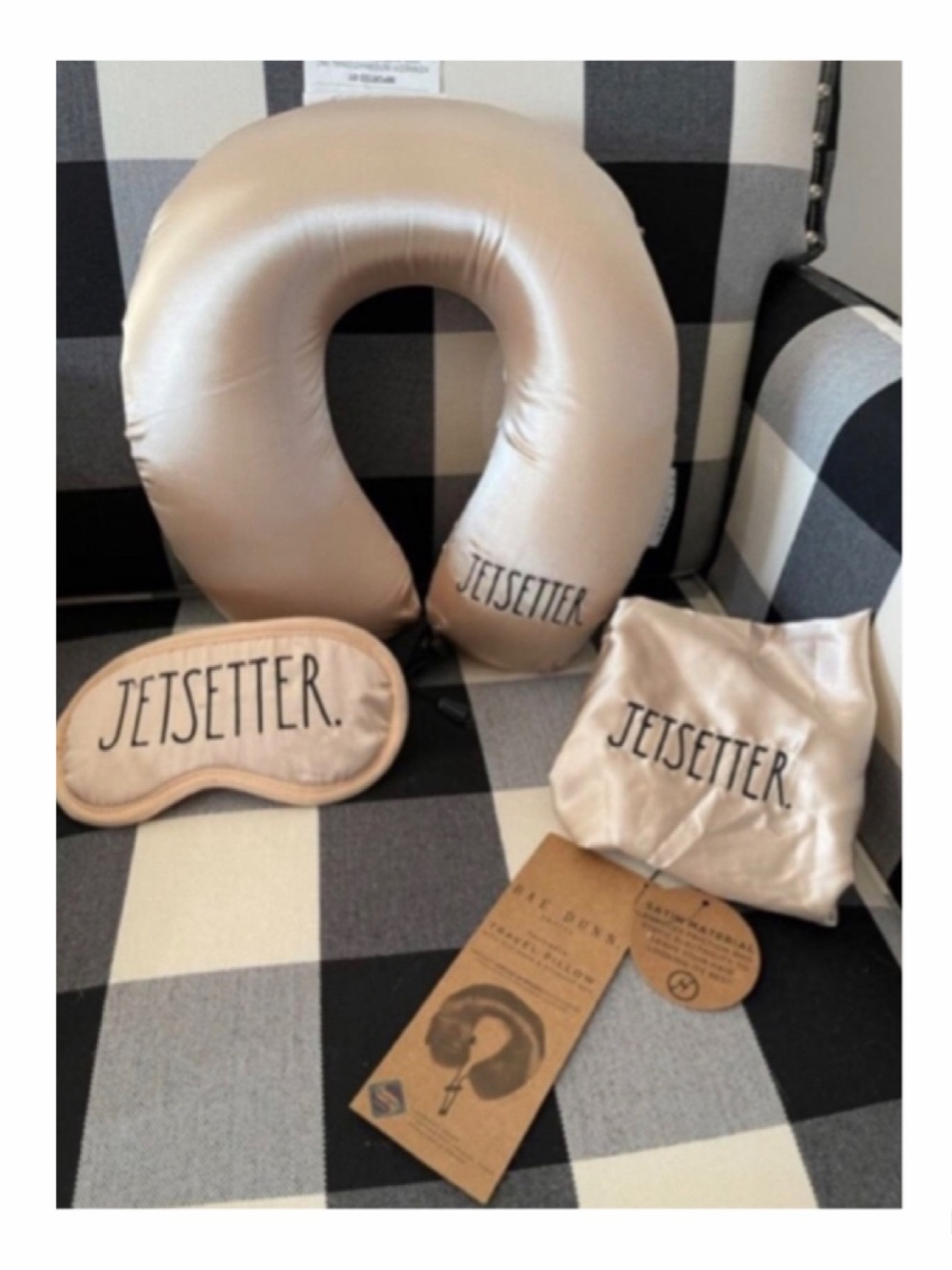 NEW Rae Dunn Jetsetter Satin Travel Pillow with Eye Mask & Storage Bag ✈️